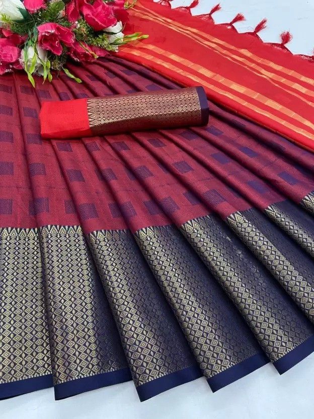 Self Design, Woven, Checkered Dharmavaram Cotton Silk, Cotton Blend Saree  (Red, Blue)