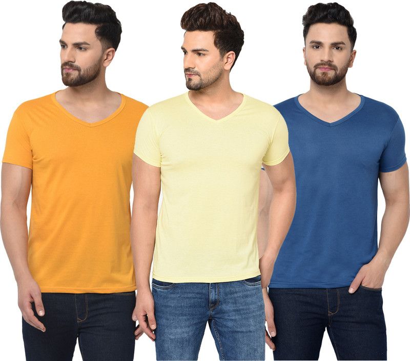 Pack of 3 Men Solid V Neck Cotton Blend Dark Blue, Yellow T-Shirt