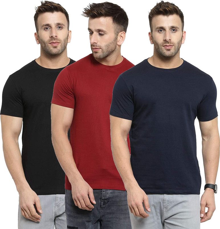 Pack of 3 Men Solid Round Neck Cotton Blend Blue, Maroon, Black T-Shirt