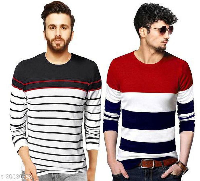 Pack of 2 Men Colorblock Round Neck Cotton Blend Dark Blue, Red, White T-Shirt