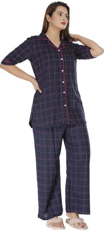 Women Shirt & Pyjama set Blue Geometric Print