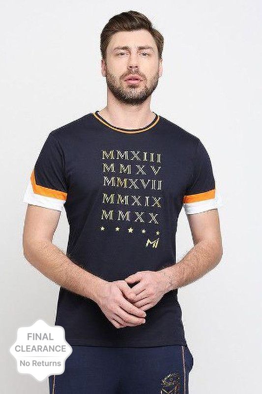 MI: Men's T-shirt Navy Blue Men Solid Round Neck Pure Cotton Navy Blue T-Shirt