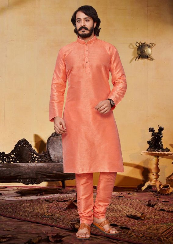 Men Woven Design Cotton Silk Straight Kurta  (Orange)