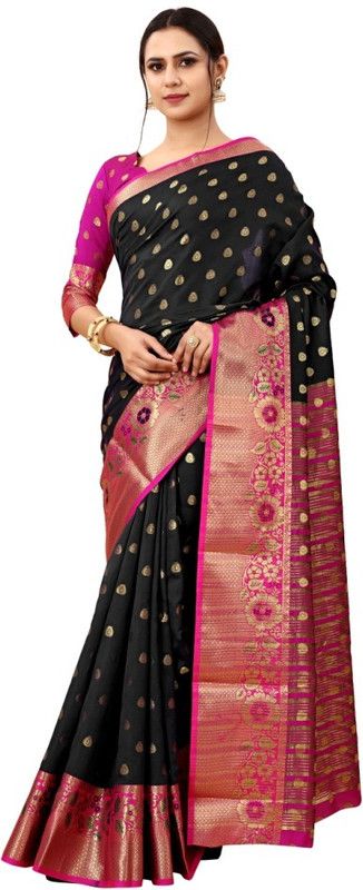 Woven Maheshwari Silk Blend Saree  (Black)