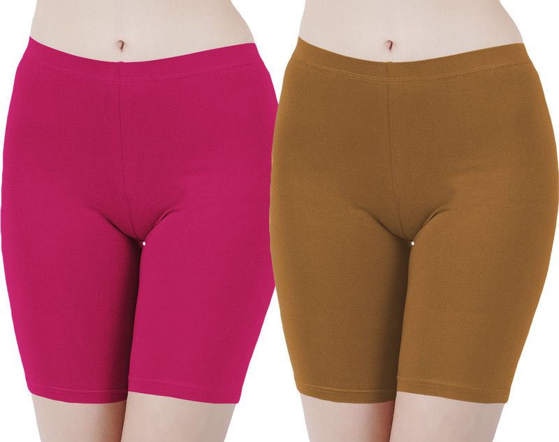 Pack of 2 Solid Women Pink, Khaki Cycling Shorts