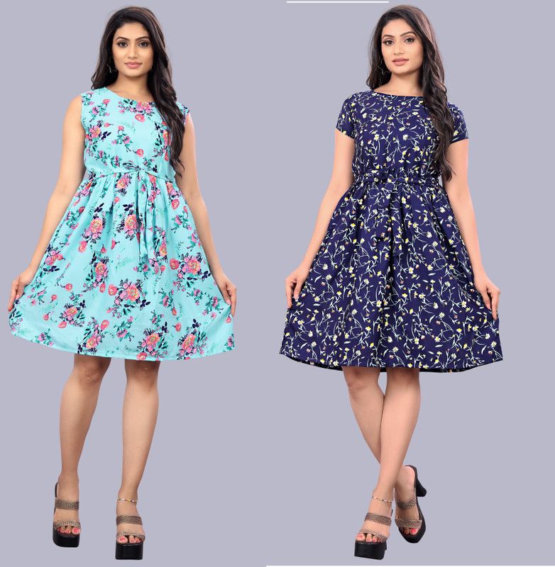 Women A-line Light Blue, Dark Blue Dress