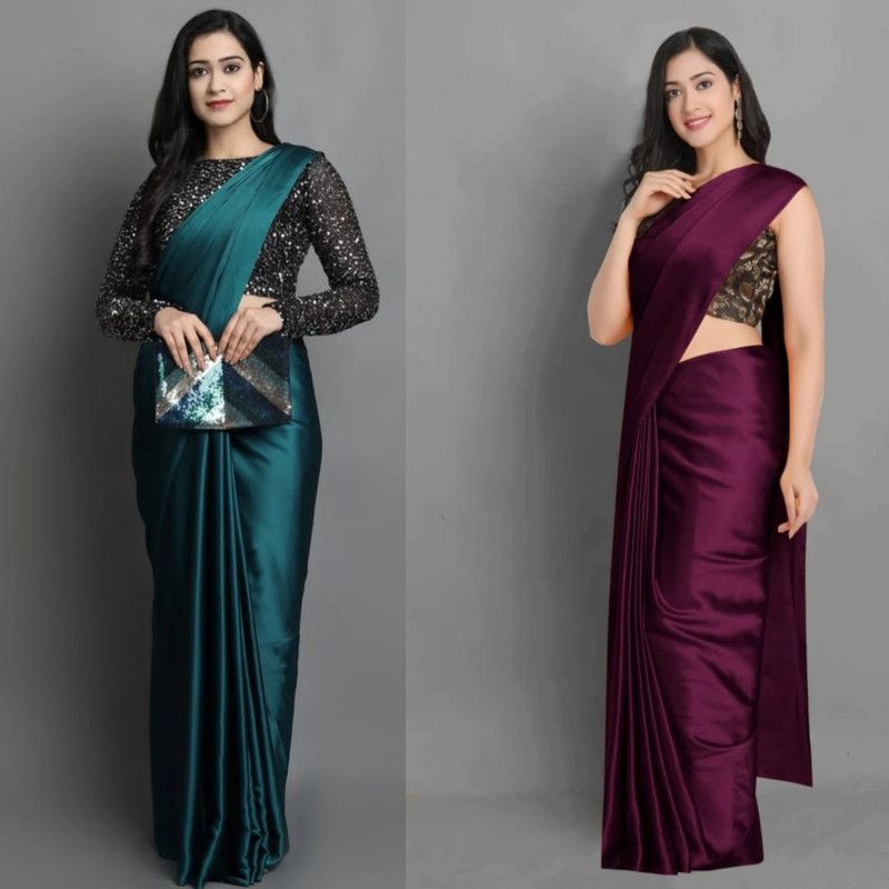 Solid/Plain Bollywood Silk Blend Saree  (Pack of 2, Light Blue, Beige)