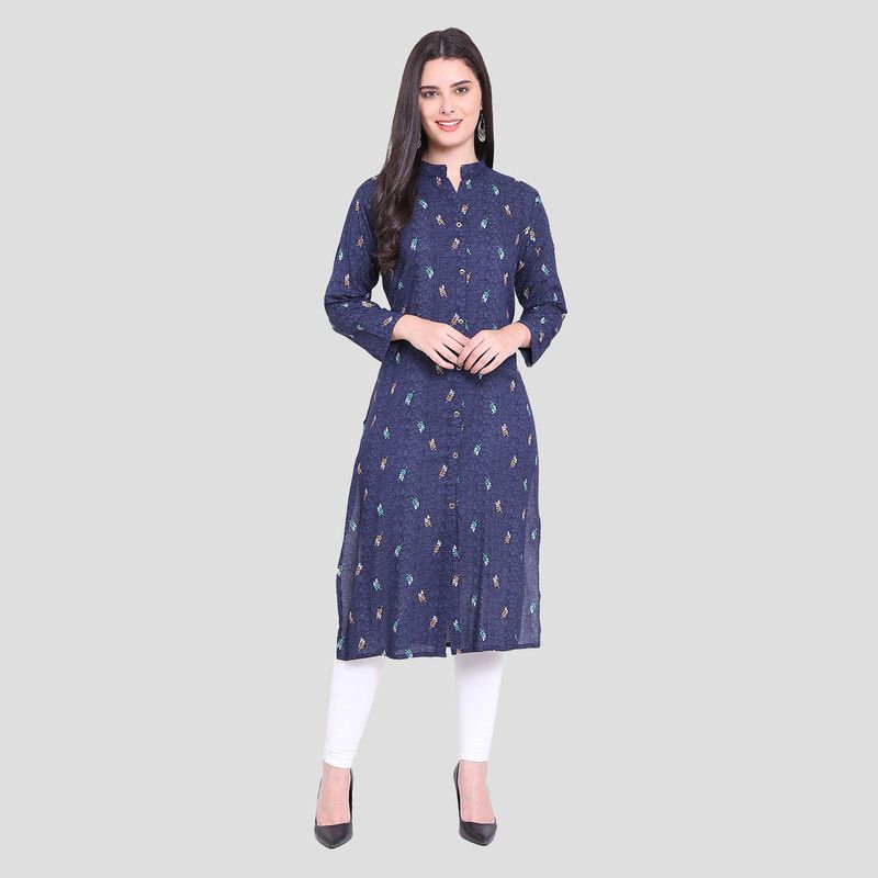 Women Printed Pure Cotton Frontslit Kurta  (Blue)