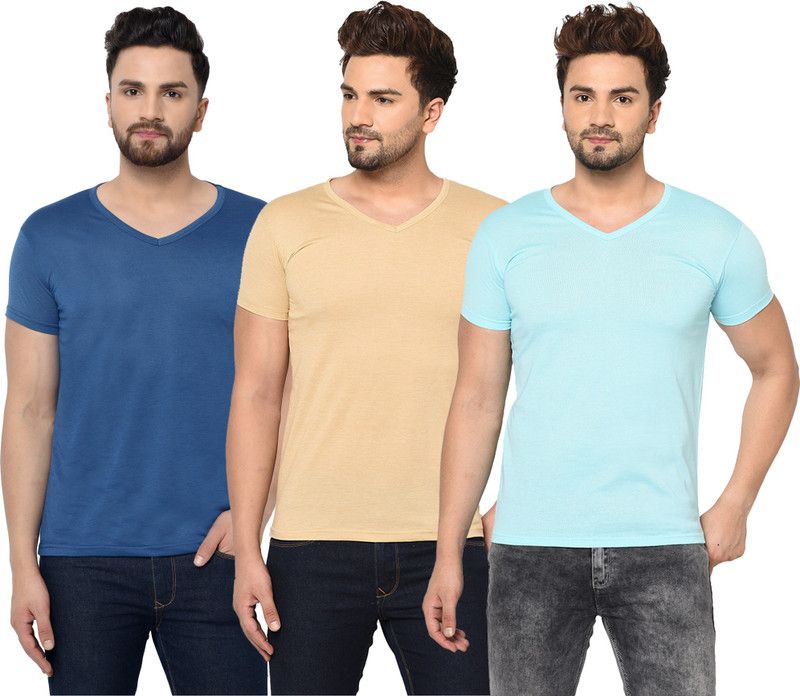 Pack of 3 Men Solid V Neck Cotton Blend Light Blue, Blue, Beige T-Shirt