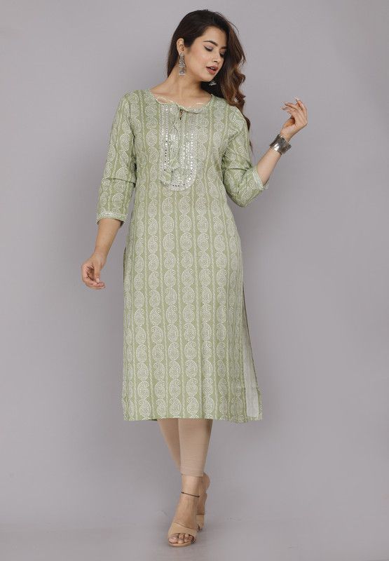Women Printed Cotton Blend A-line Kurta  (Light Green)
