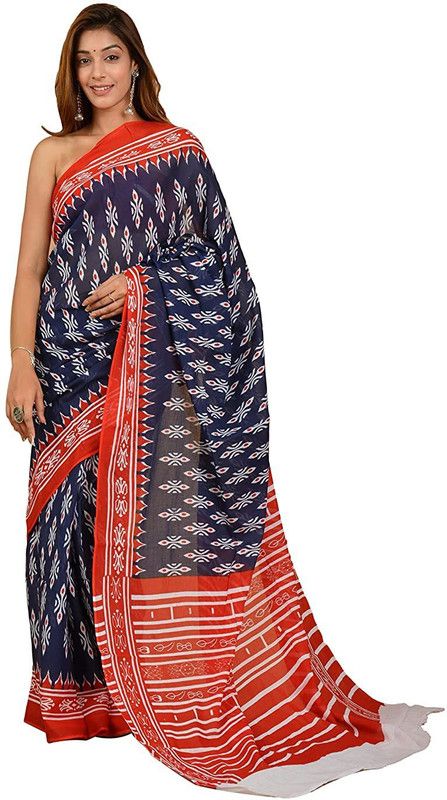 Printed, Blocked Printed Ikkat Pure Cotton Saree  (Multicolor, Red, Blue)