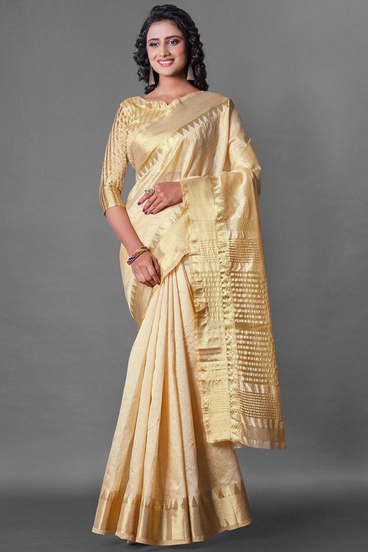 Solid/Plain Banarasi Cotton Silk Saree  (Cream)