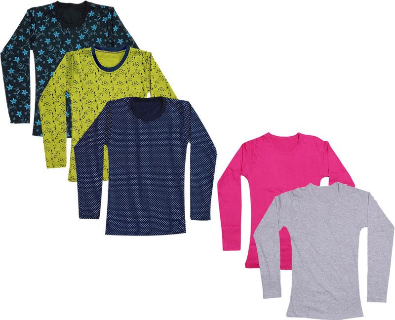 Girls Printed, Self Design Cotton Blend T Shirt  (Multicolor, Pack of 5)