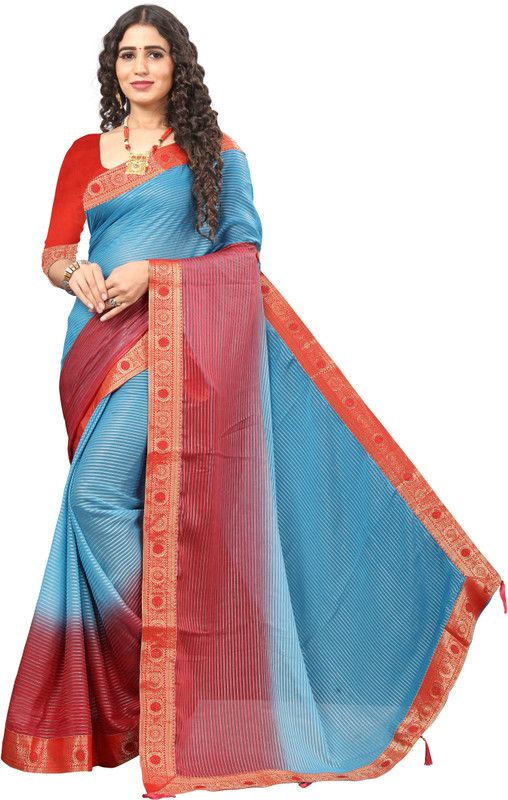 Striped Bollywood Viscose Rayon Saree  (Blue)