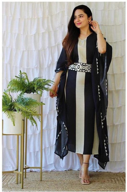 Women Colorblock Viscose Rayon Kaftan Kurta  (Blue)