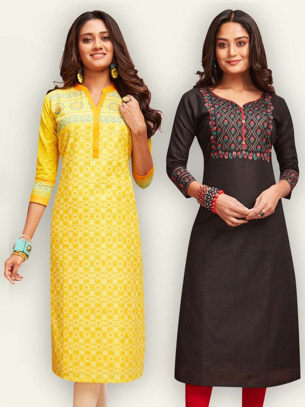 Pack of 2 Women Geometric Print Pure Cotton Straight Kurta  (Black, Yellow)