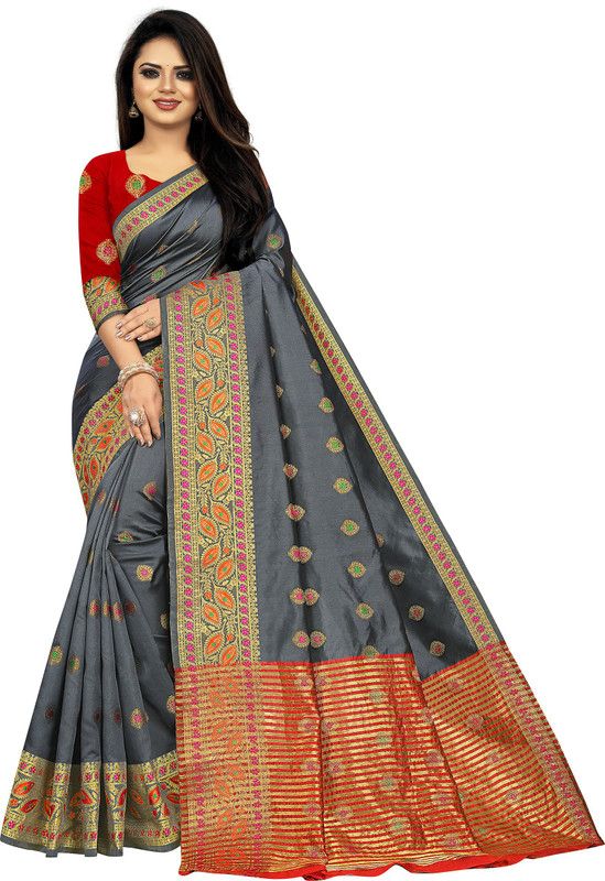 Checkered Kanjivaram Cotton Silk Saree  (Grey)