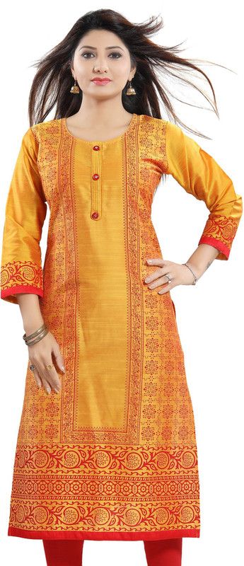 Women Printed Cotton Silk Straight Kurta  (Red, Gold)