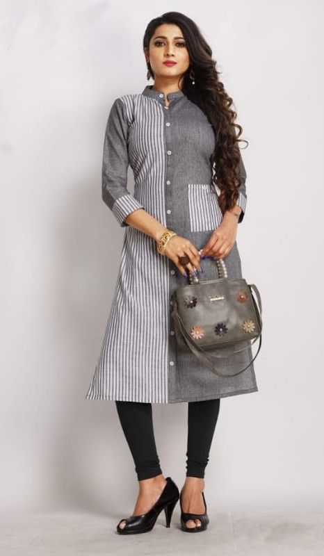 Women Self Design Cotton Rayon Straight Kurta  (Grey)