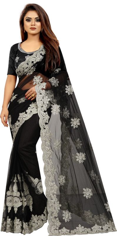 Embroidered Bollywood Net Saree  (Silver, Black)