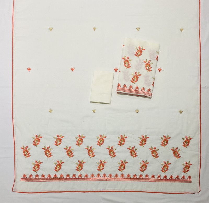 Mekhela Chador Cotton Blend Saree  (Orange, White)