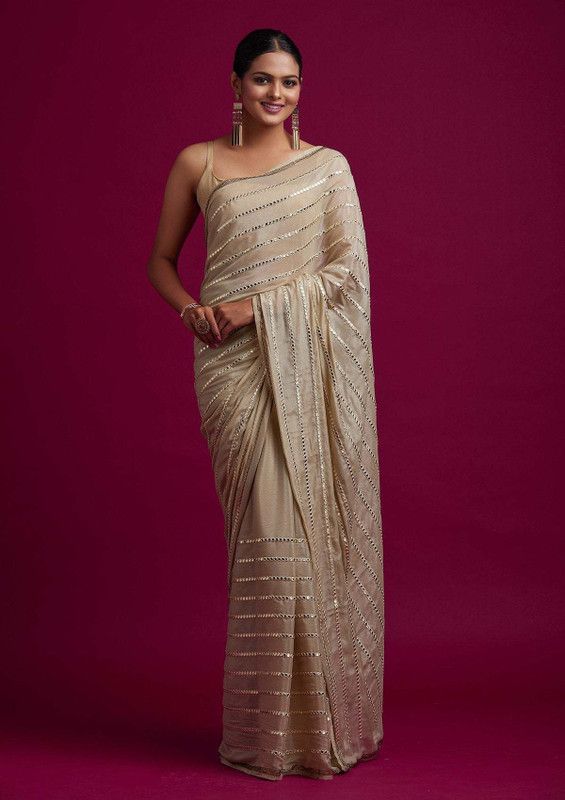 Embroidered, Striped Bollywood Silk Blend Saree  (Cream)