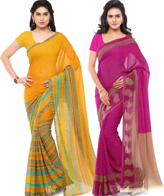 Daily Wear Georgette Saree  (Pack of 2, Pink, Yellow)
