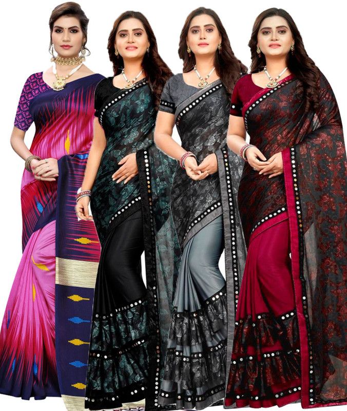Printed Bollywood Lycra Blend, Art Silk Saree  (Pack of 4, Red, Pink, Black, Grey)
