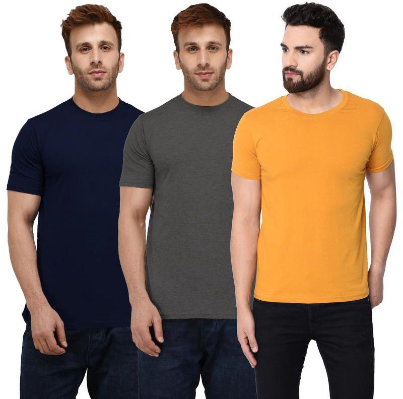 Pack of 3 Men Solid Round Neck Pure Cotton Blue, Grey, Yellow T-Shirt