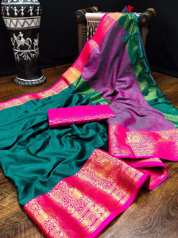 Woven Banarasi Pure Silk, Cotton Silk Saree  (Dark Green)