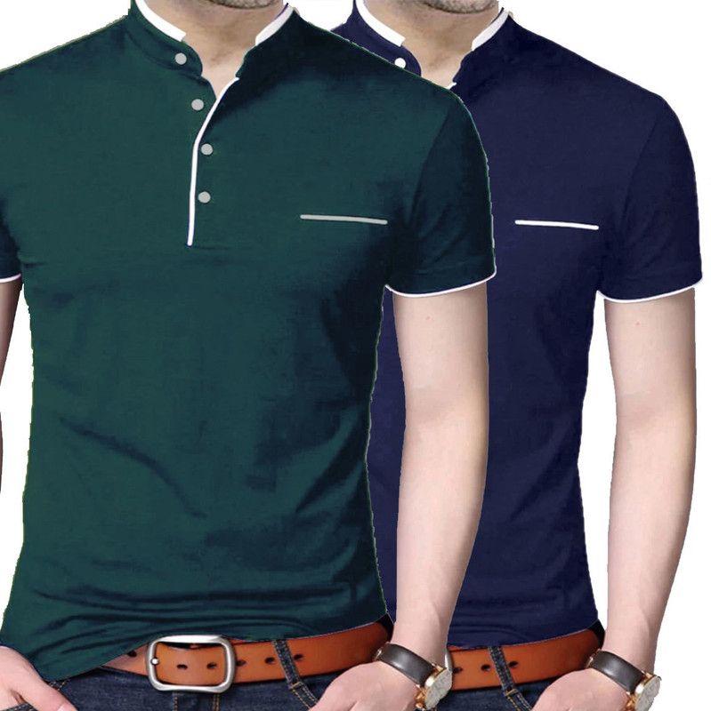 Pack of 2 Men Solid Mandarin Collar Cotton Blend Dark Blue, Green T-Shirt
