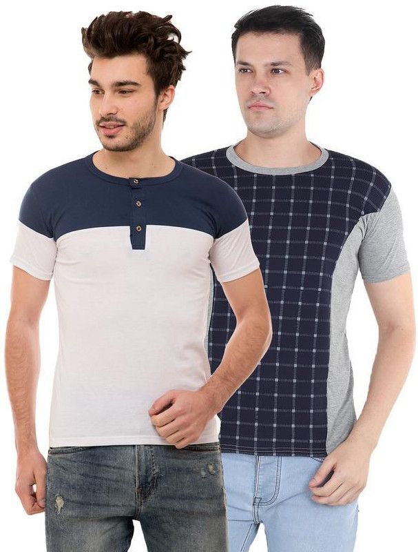 Color Block, Checkered Men Multicolor T-Shirt  (Pack of 2)