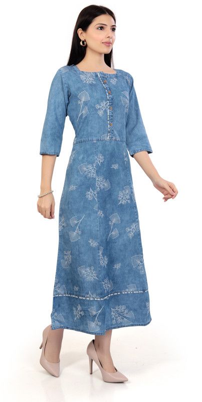 Women Washed Cotton Blend A-line Kurta  (Blue)