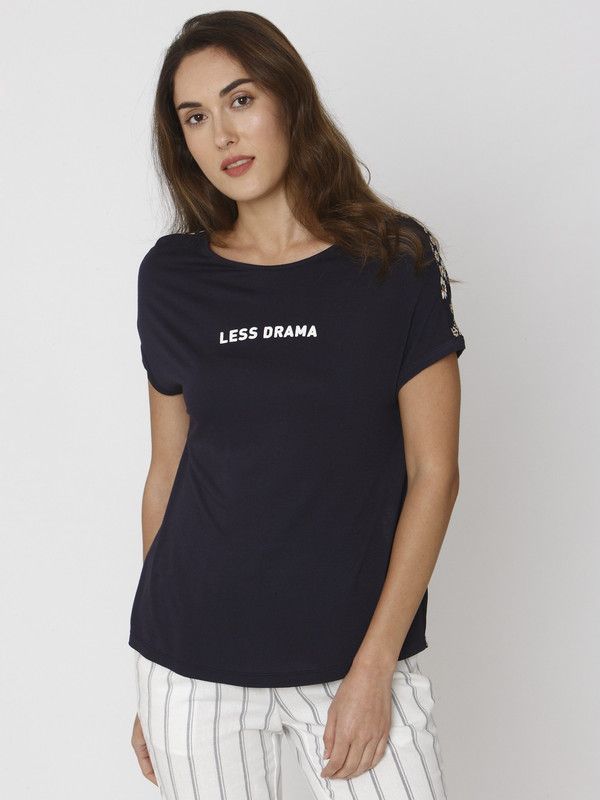 Blue Printed Crew Neck T-Shirt Women Printed Round Neck Cotton Blend Blue T-Shirt