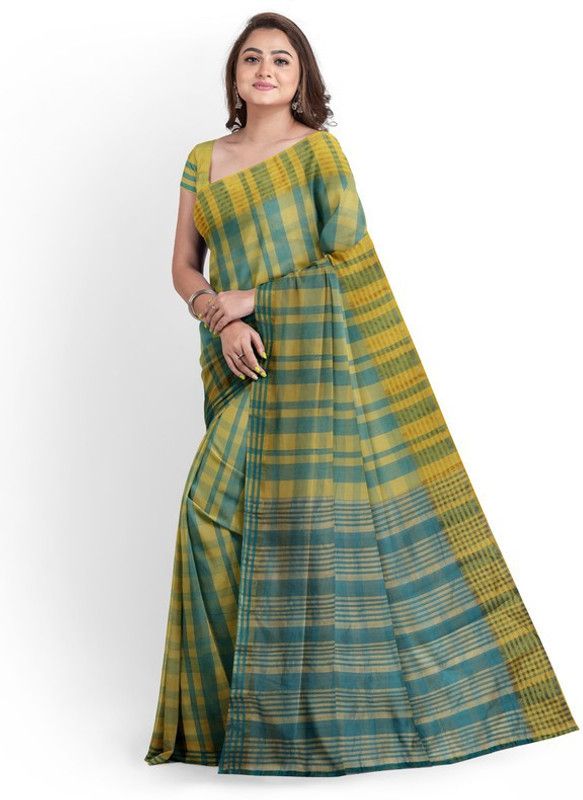 Checkered Bollywood Cotton Blend Saree  (Green, Blue)