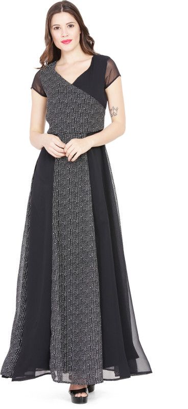 Polka Print, Solid Georgette Stitched Flared/A-line Gown  (Black)