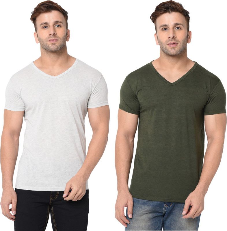 Pack of 2 Solid Color Combo Men Solid V Neck Cotton Blend Dark Green, Grey T-Shirt
