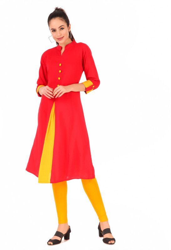 Women Solid Art Silk A-line Kurta  (Red, Yellow)