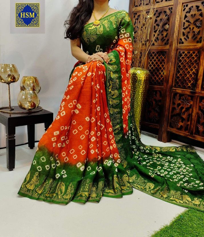 Printed, Self Design Bandhani Art Silk Saree  (Orange)