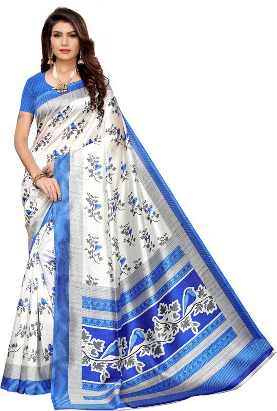 Checkered, Printed Mysore Art Silk Saree  (Blue)