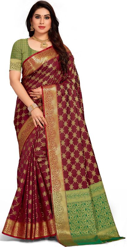 Self Design Banarasi Silk Blend Saree  (Brown)