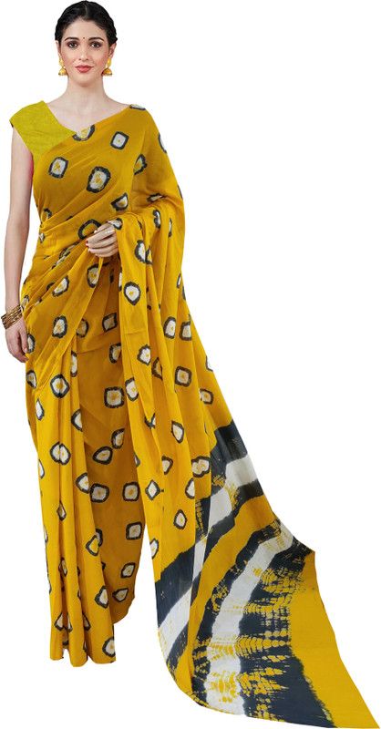 Printed, Self Design, Blocked Printed, Dyed Bandhani Pure Cotton Saree  (Yellow)