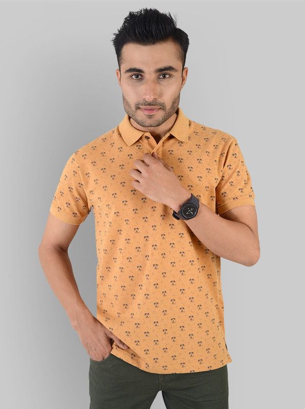 Men Printed Polo Neck Pure Cotton Black, Orange T-Shirt
