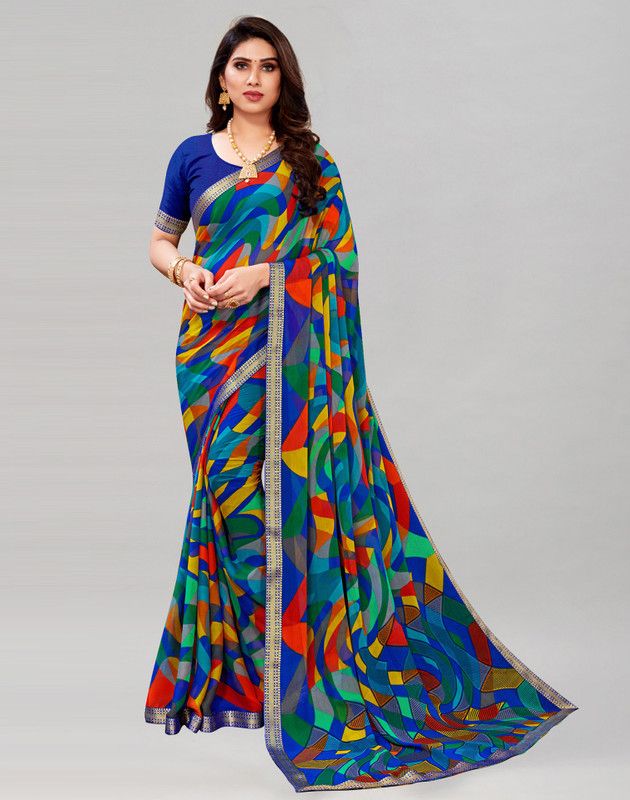 Printed, Geometric Print, Embellished Bollywood Georgette, Chiffon Saree  (Multicolor, Blue)