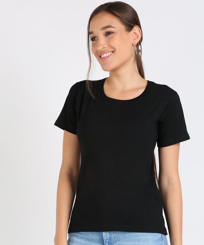 Pure Cotton Round Neck T-shirt Women Solid Round Neck Pure Cotton Black T-Shirt