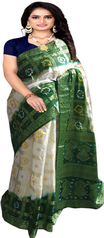 Self Design, Woven Bandhani Silk Blend, Jacquard Saree  (White, Green)