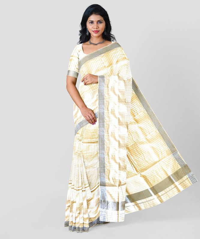 Striped Fashion Pure Cotton Saree  (Beige)