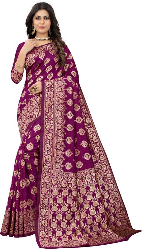 Woven Chanderi Polyester Saree  (Purple)