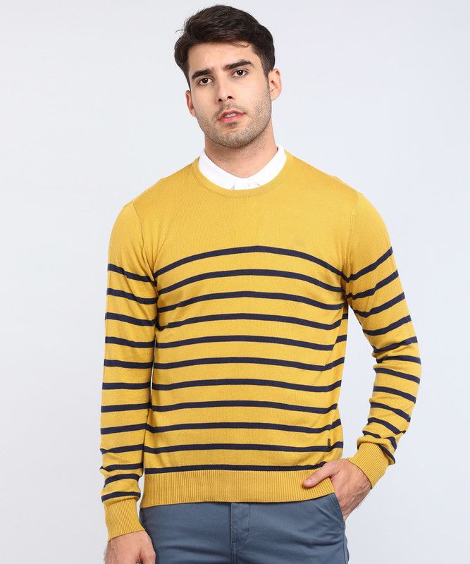Men Striped Round Neck Dark Blue, Yellow Sweater