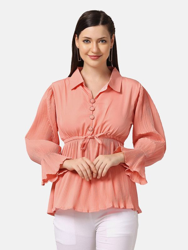 Casual Regular Sleeves Solid Women Orange Top
